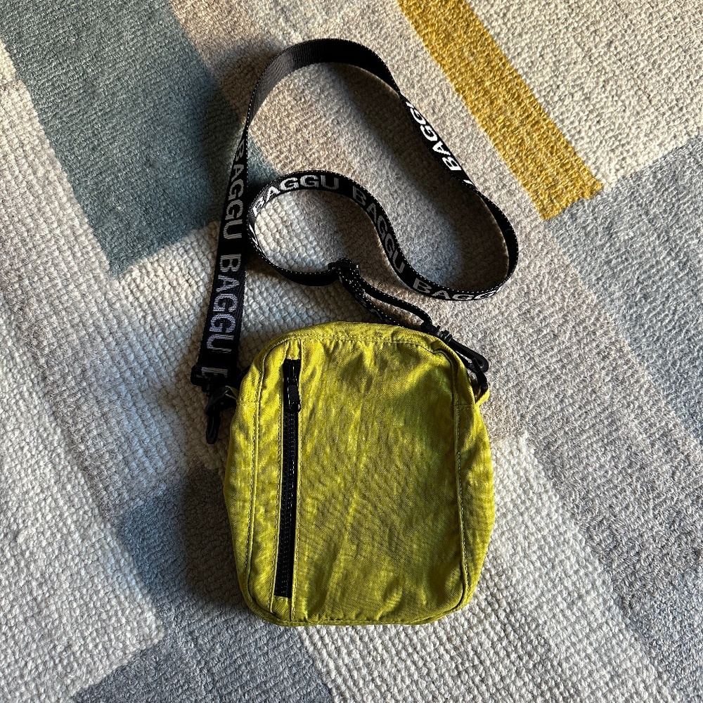 BAGGU Chartreuse Nylon Sport Crossbody OG White Lettering Strap